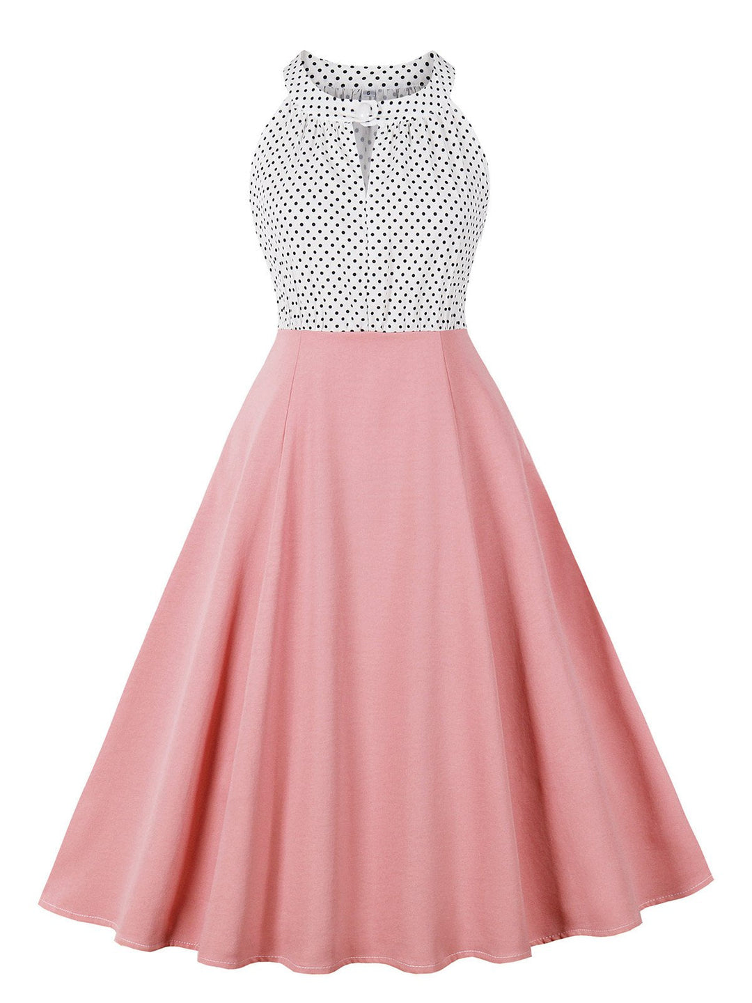 1950s Polka Dot Patchwork Halter Round-Neck Dress - vintage dress, retro fashion, rockabilly