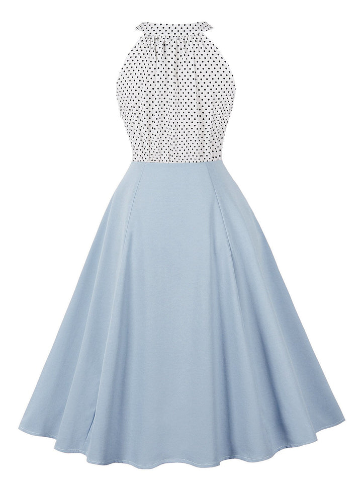 1950s Polka Dot Patchwork Halter Round-Neck Dress - vintage dress, retro fashion, rockabilly