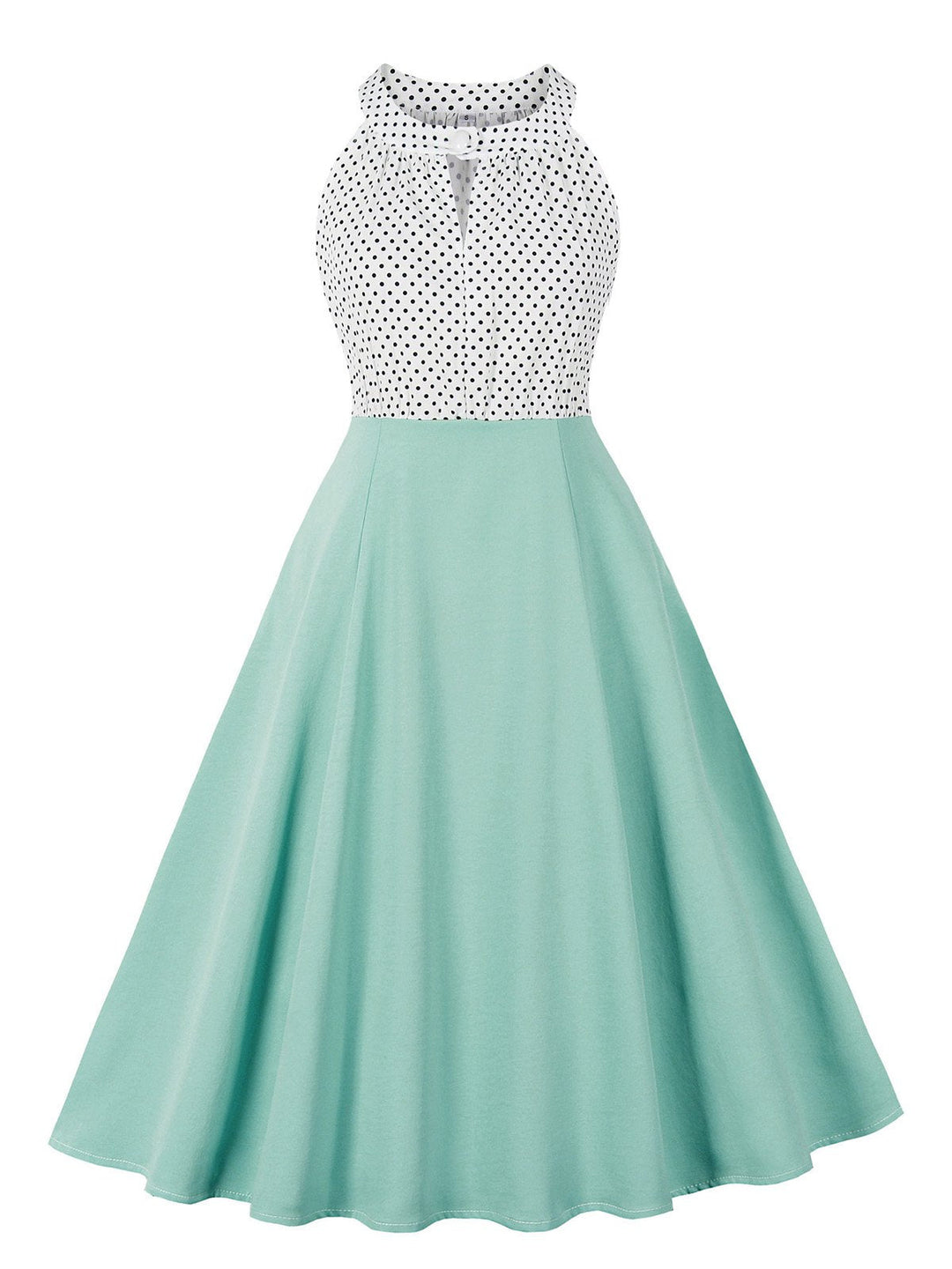 1950s Polka Dot Patchwork Halter Round-Neck Dress - vintage dress, retro fashion, rockabilly