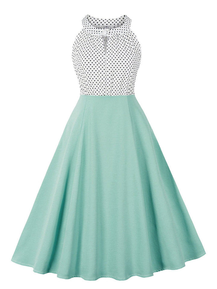 1950s Polka Dot Patchwork Halter Round-Neck Dress - vintage dress, retro fashion, rockabilly