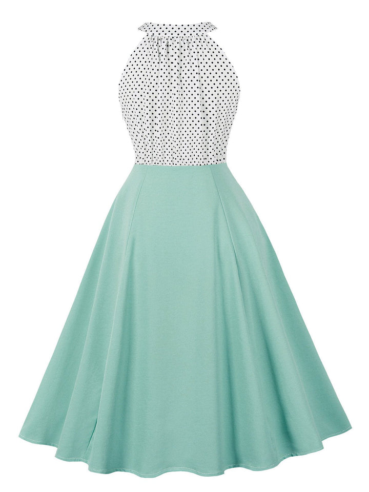 1950s Polka Dot Patchwork Halter Round-Neck Dress - vintage dress, retro fashion, rockabilly