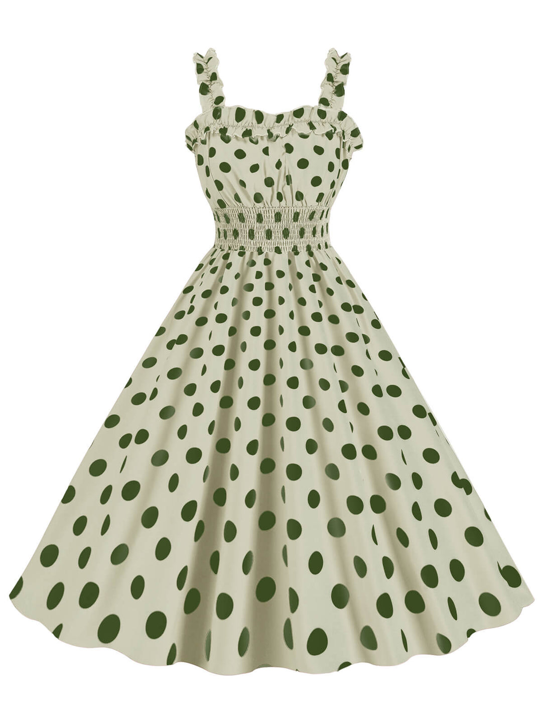 1950s Polka Dot Smocking Strap Dress — a 1950s silhouette that turns sidewalks into runways
