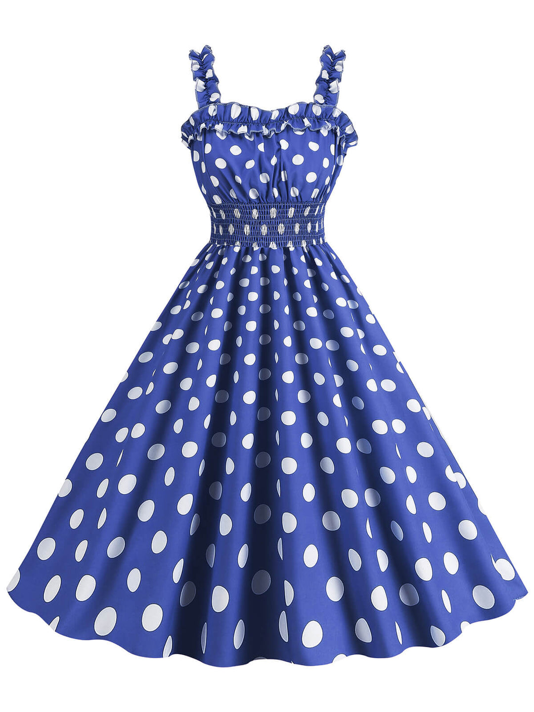 She slips into this 1950s Polka Dot Smocking Strap Dress and suddenly it&