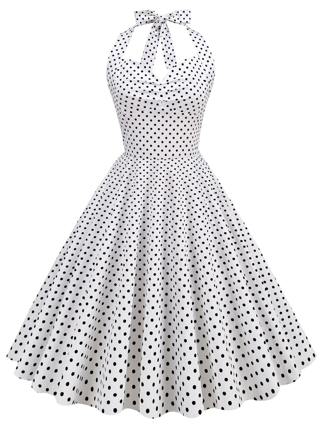 She slips into this 1950s Polka Dots Lace Up Halter Swing Dress and suddenly it&
