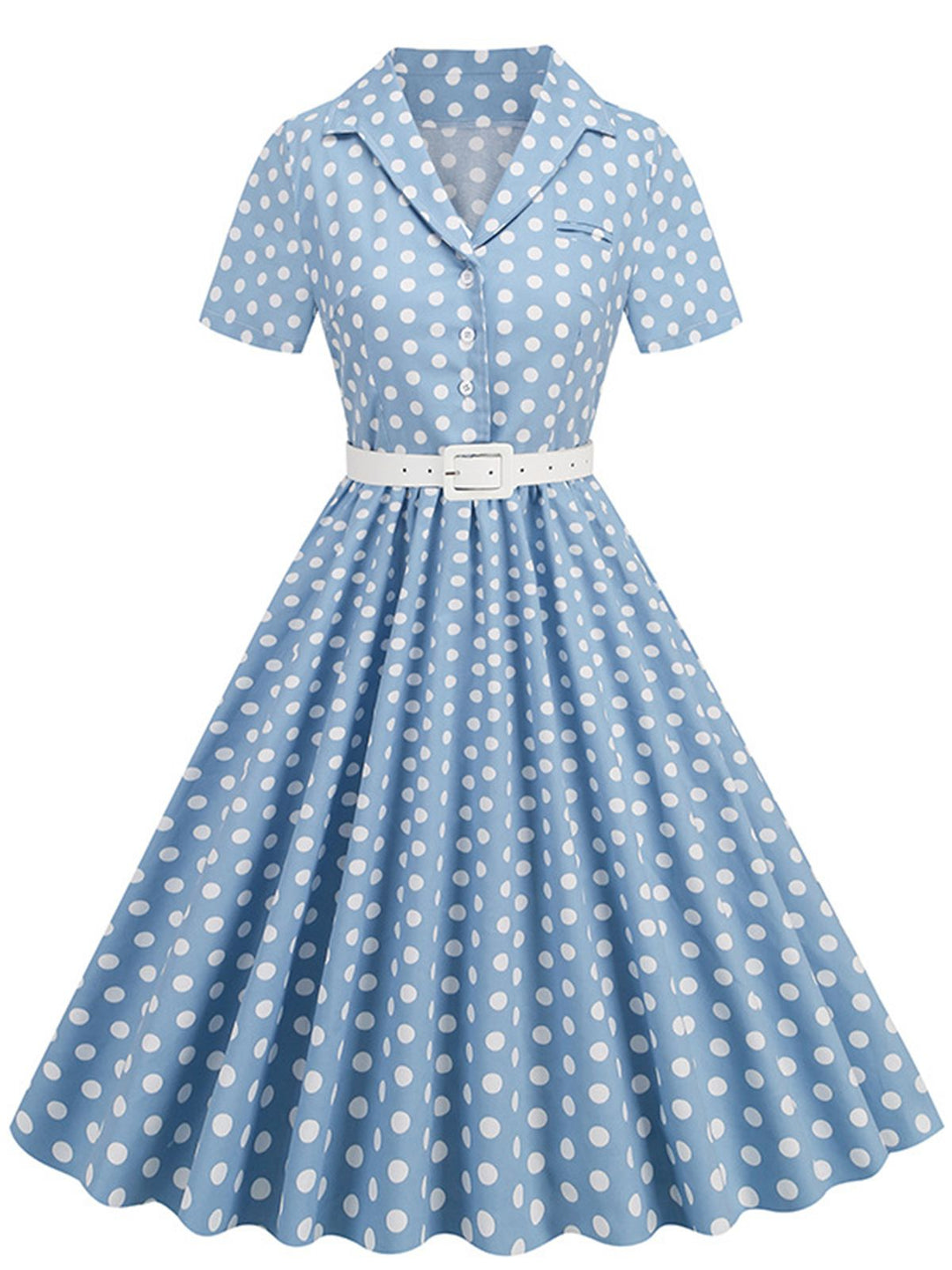 She slips into this 1950s Polka Dots Lapel Belted Dress and suddenly it&