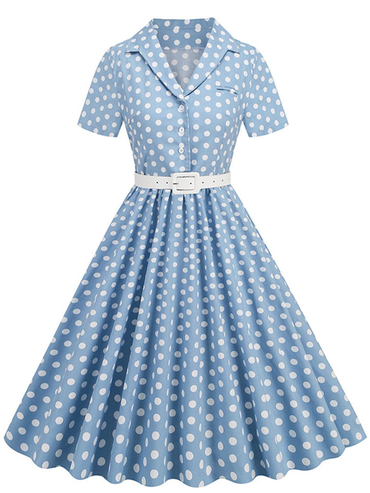 She slips into this 1950s Polka Dots Lapel Belted Dress and suddenly it&