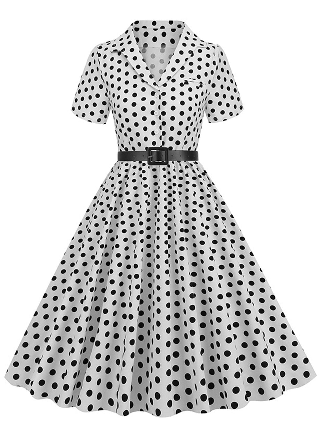 1950s Polka Dots Lapel Belted Dress — a 1950s silhouette that turns sidewalks into runways