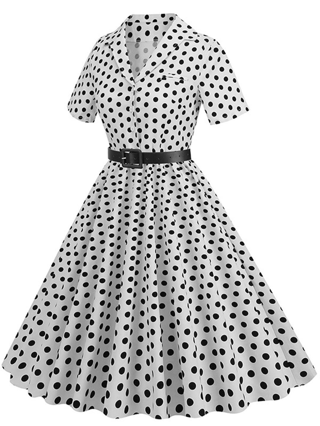 She slips into this 1950s Polka Dots Lapel Belted Dress and suddenly it&