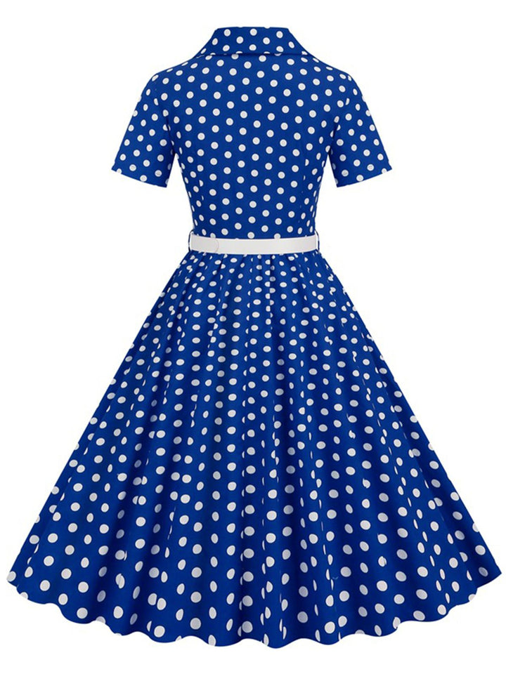 She slips into this 1950s Polka Dots Lapel Belted Dress and suddenly it&