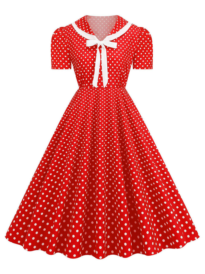 1950s Polka Dots Lapel Bowknot Swing Dress, vintage dress, retro fashion, rockabilly, pin-up fashion - perfect for women who love vintage and retro fashion
