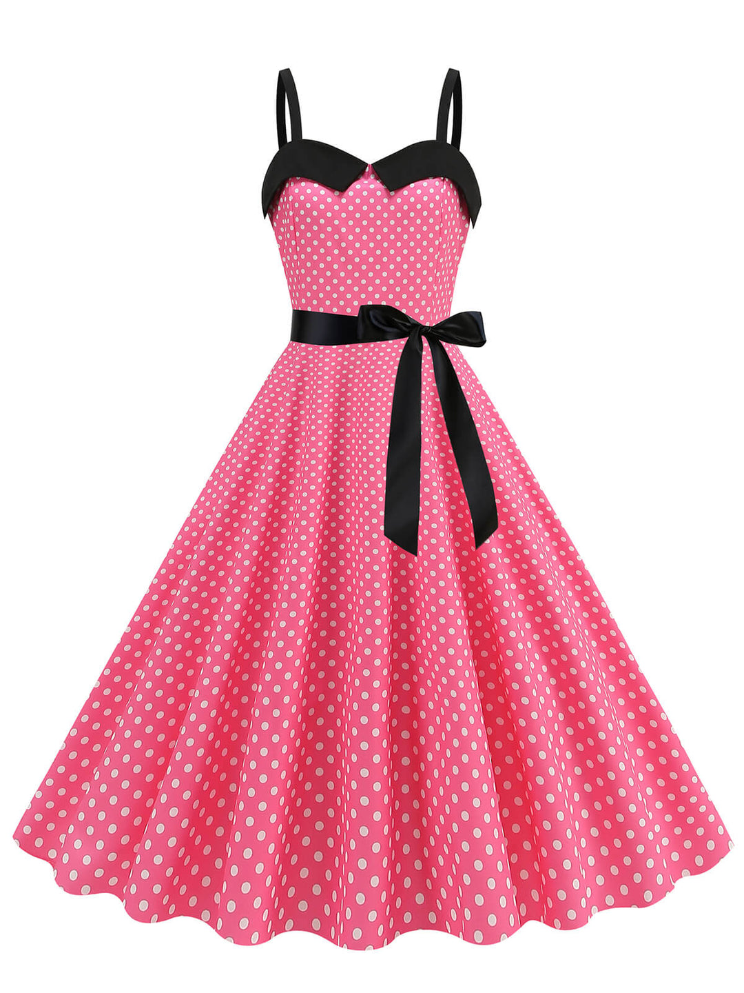She slips into this 1950s Polka Dots Patchwork Ribbon Strap Dress and suddenly it&