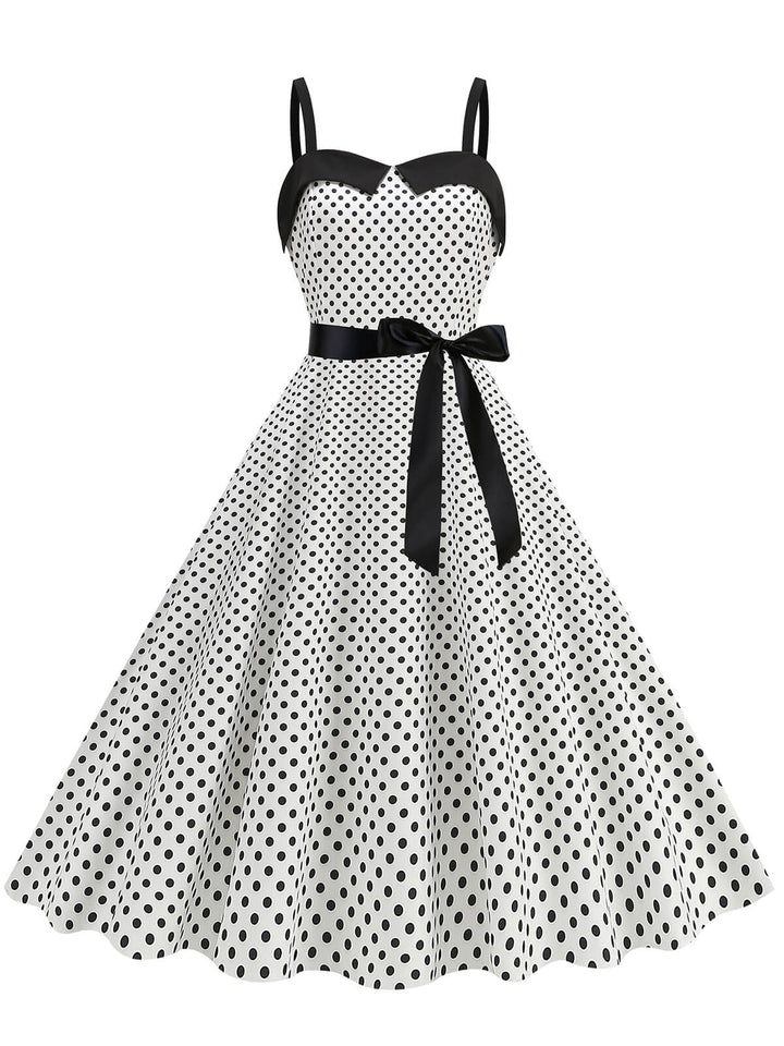 1950s Polka Dots Patchwork Ribbon Strap Dress — a 1950s silhouette that turns sidewalks into runways