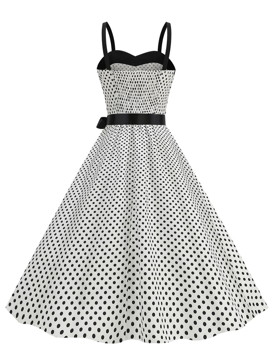 She slips into this 1950s Polka Dots Patchwork Ribbon Strap Dress and suddenly it&