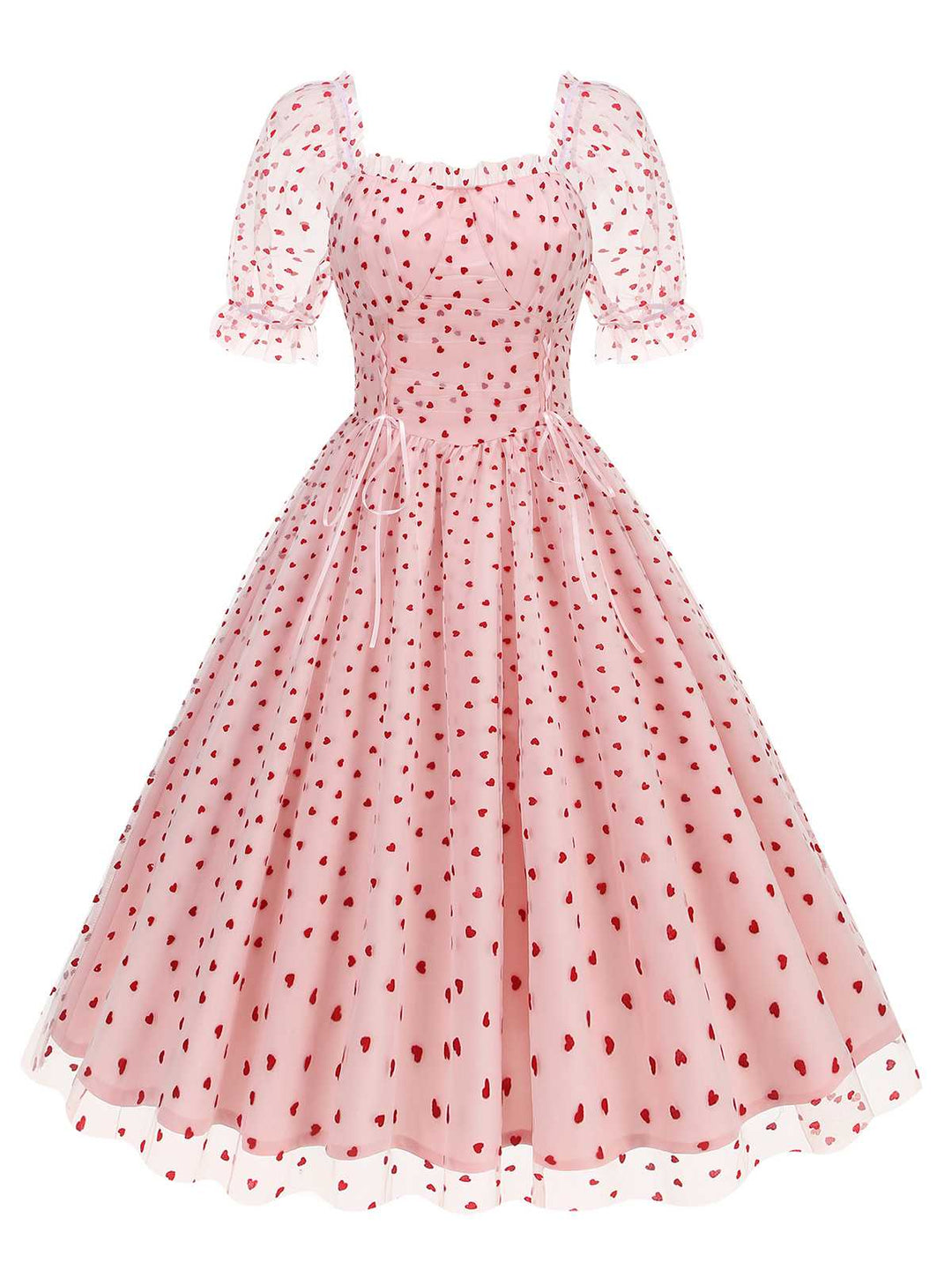 She slips into this 1950s Puff Sleeve Valentine Heart Mesh Dress and suddenly it&