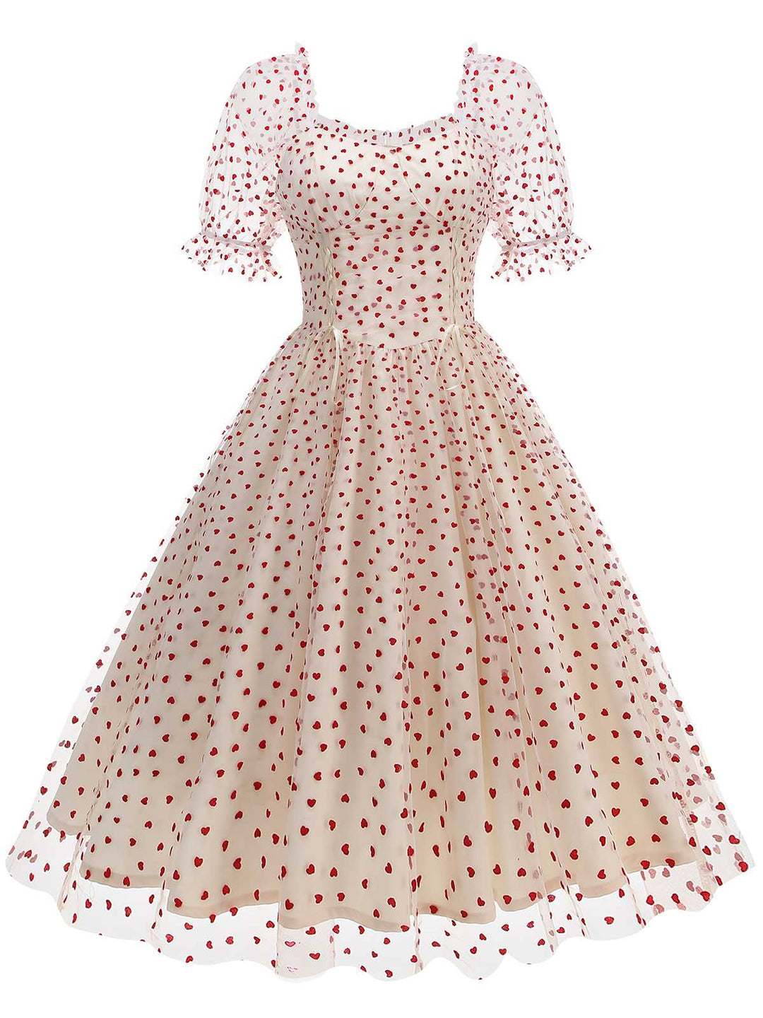 This 1950s Puff Sleeve Valentine Heart Mesh Dress wraps her in 1950s elegance, one twirl at a time