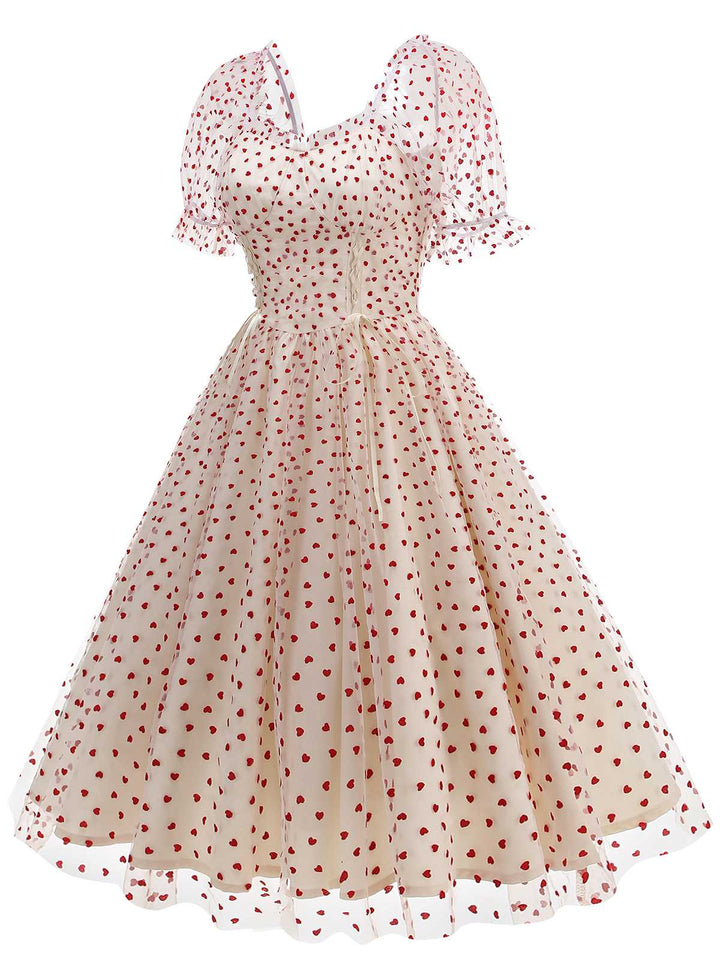 1950s Puff Sleeve Valentine Heart Mesh Dress — the kind of 1950s dress that makes strangers smile