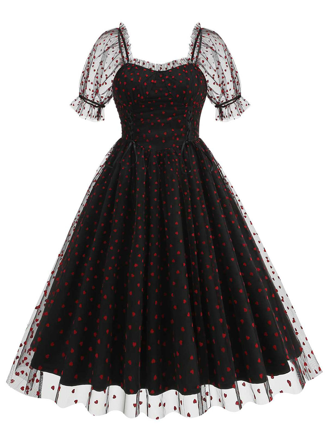 1950s Puff Sleeve Valentine Heart Mesh Dress — a 1950s silhouette that turns sidewalks into runways