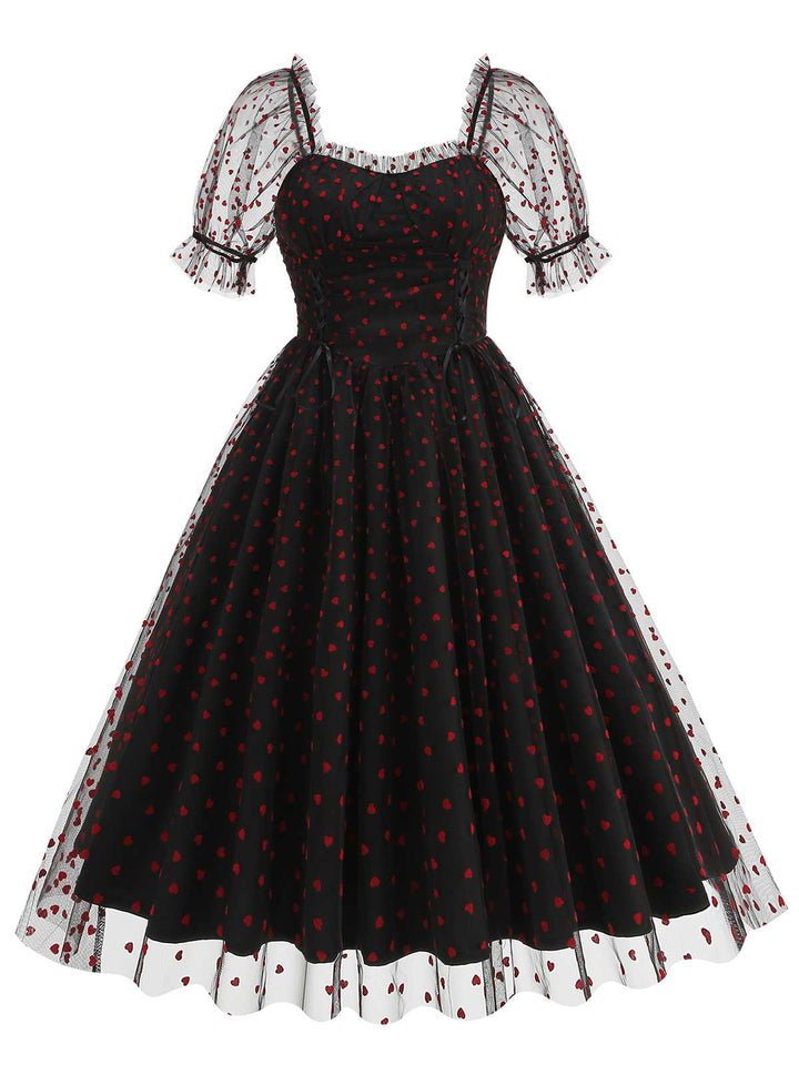 1950s Puff Sleeve Valentine Heart Mesh Dress — a 1950s silhouette that turns sidewalks into runways