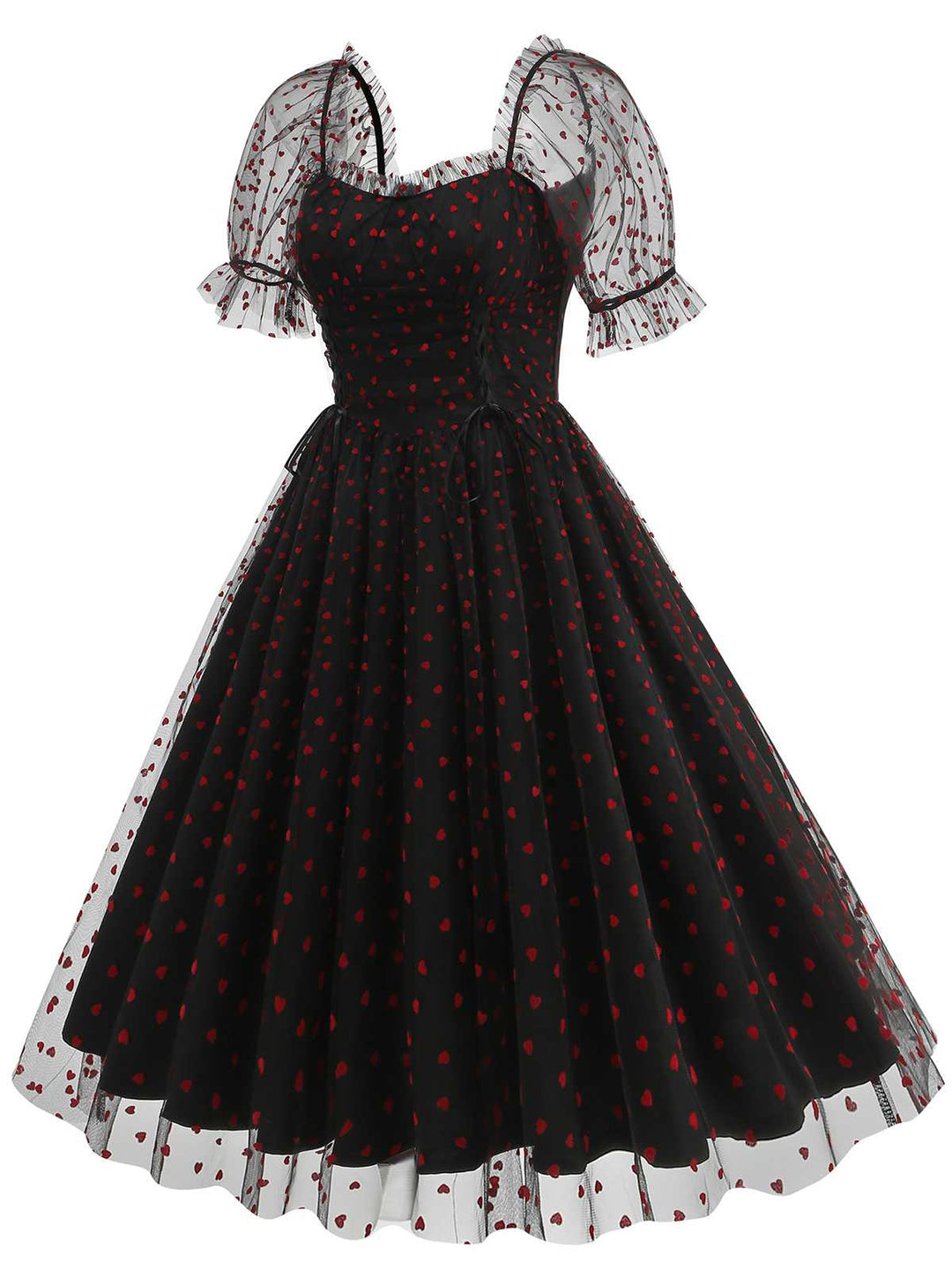 She slips into this 1950s Puff Sleeve Valentine Heart Mesh Dress and suddenly it&