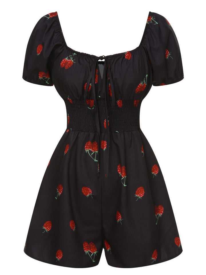 Black 1950s Raspberry Puff Sleeves Romper: beautiful vintage romper, retro jumpsuit, playful style with timeless appeal