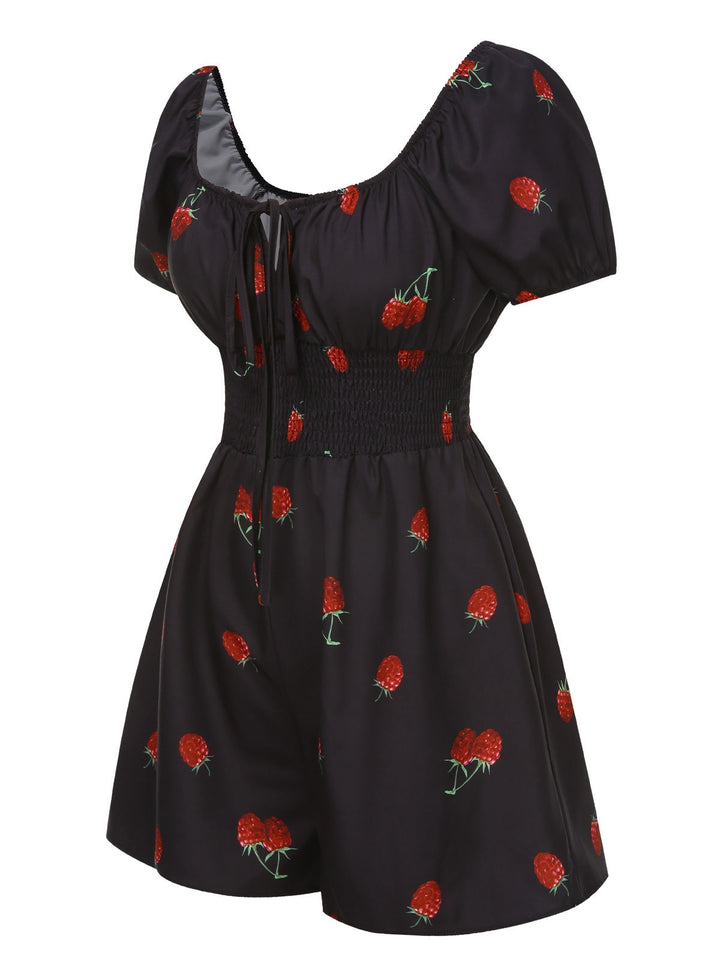 Black 1950s Raspberry Puff Sleeves Romper | vintage romper, retro jumpsuit, playful style - perfect for retro fashion enthusiasts