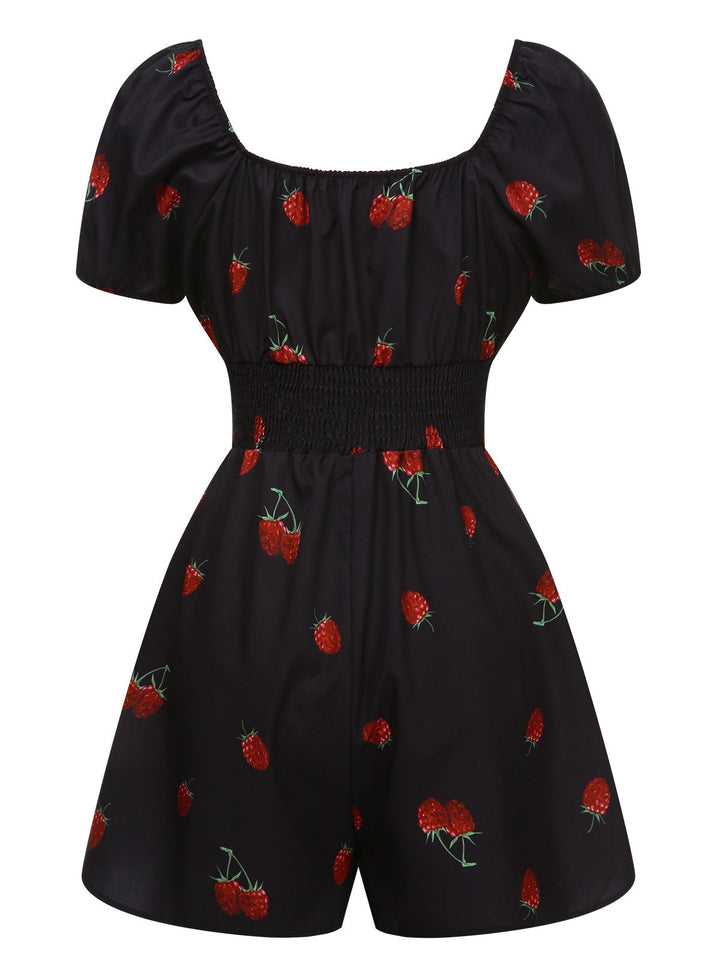 Black 1950s Raspberry Puff Sleeves Romper - vintage romper, retro jumpsuit, playful style for vintage lovers