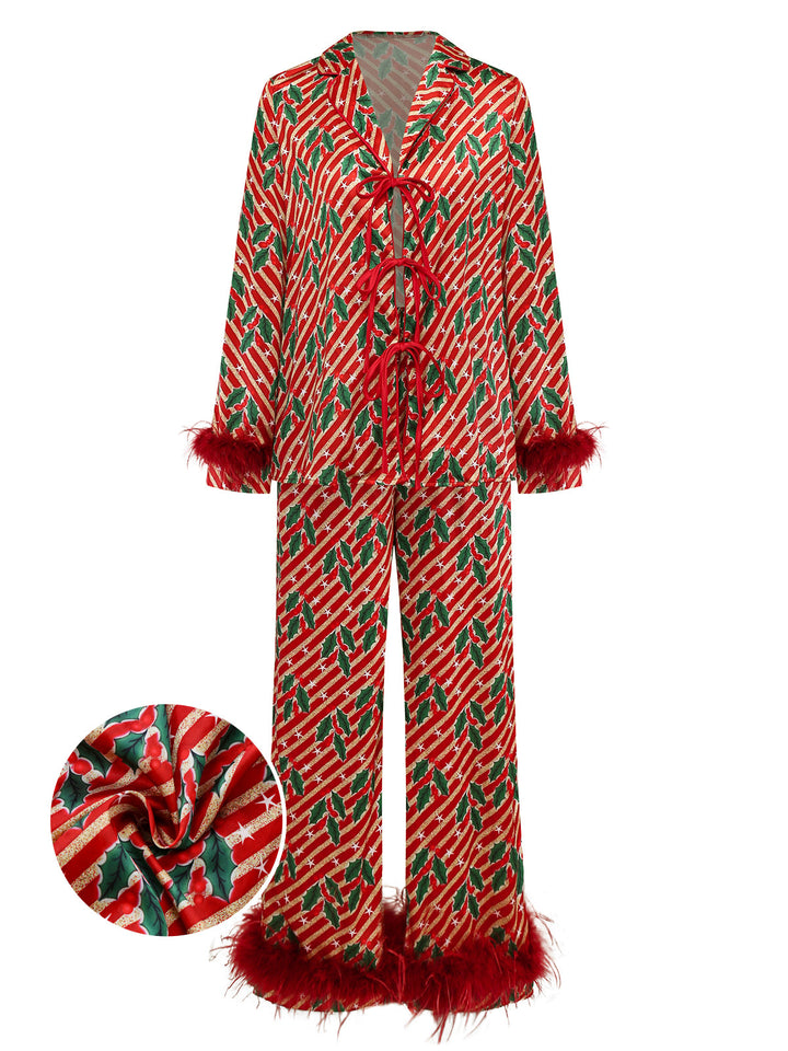 Red Holly &amp; Candy Cane Stripes Feather Pajama Set - vintage fashion, retro style, elegant red