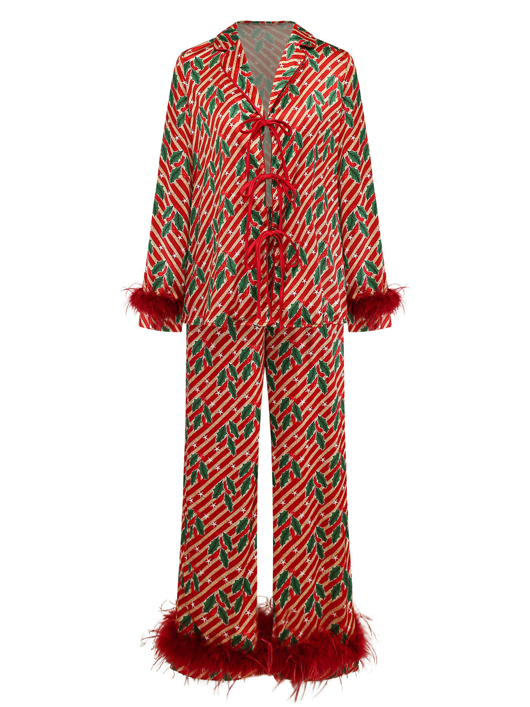 Red Holly &amp; Candy Cane Stripes Feather Pajama Set - vintage fashion, retro style, elegant red