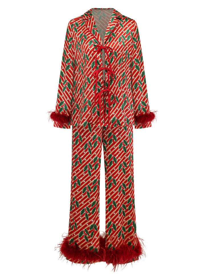Red Holly &amp; Candy Cane Stripes Feather Pajama Set - vintage fashion, retro style, elegant red