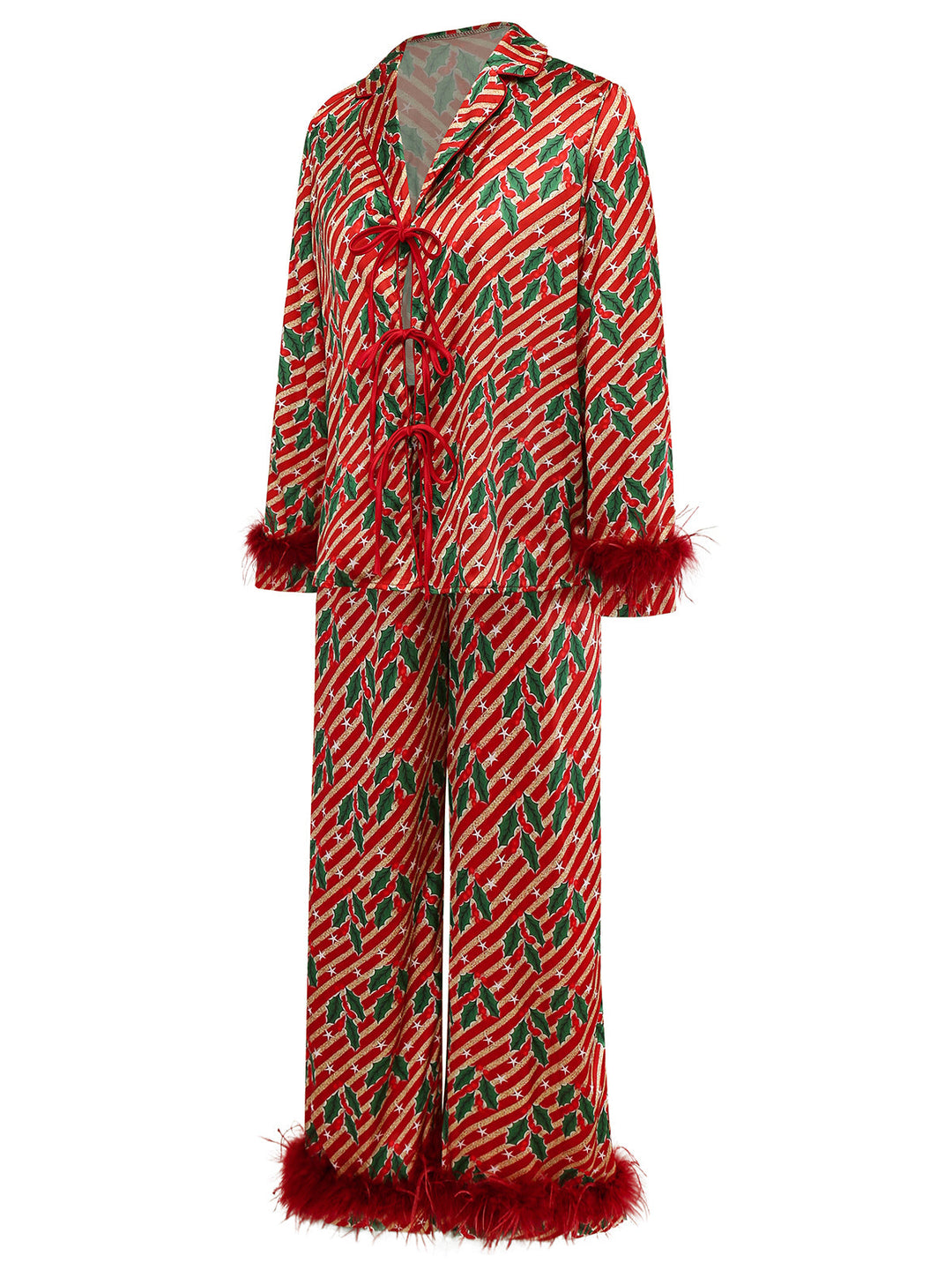 Red Holly &amp; Candy Cane Stripes Feather Pajama Set - vintage fashion, retro style, elegant red