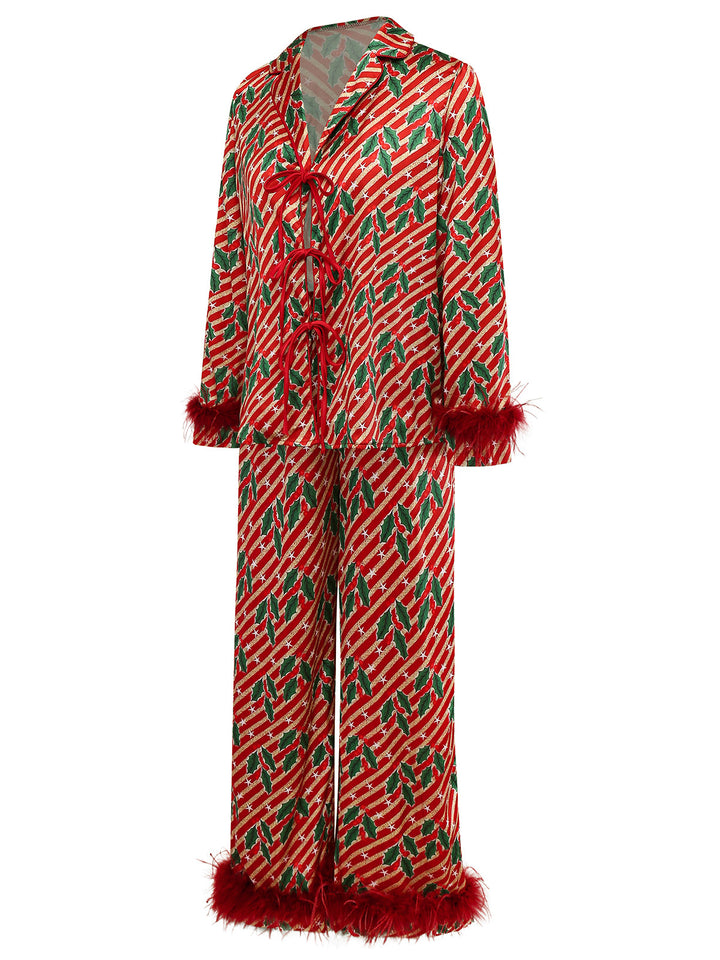 Red Holly &amp; Candy Cane Stripes Feather Pajama Set - vintage fashion, retro style, elegant red
