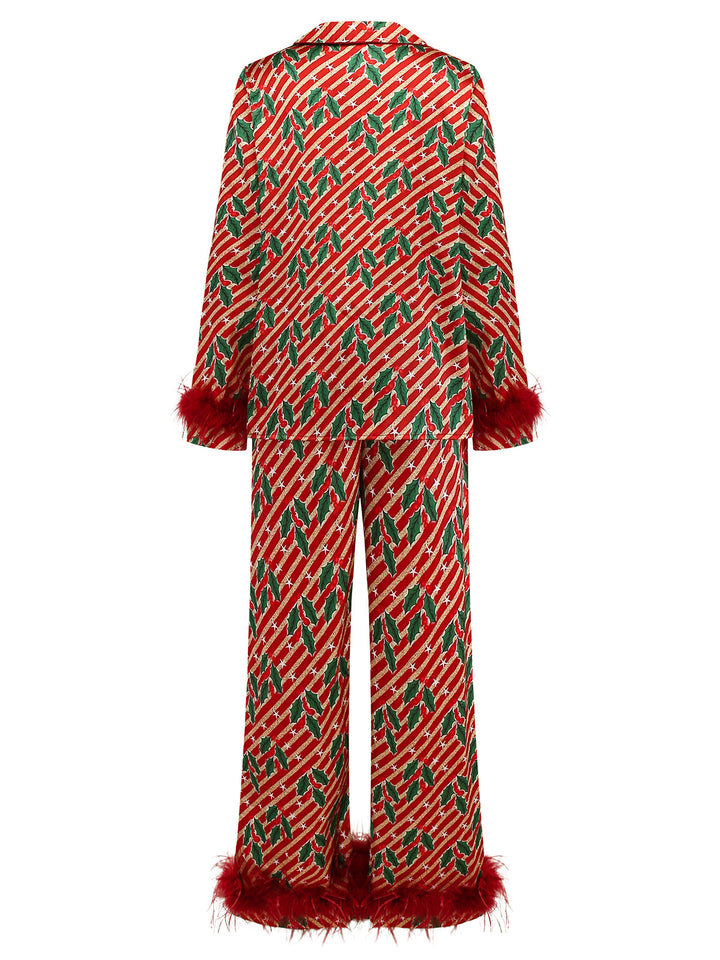 Red Holly &amp; Candy Cane Stripes Feather Pajama Set - vintage fashion, retro style, elegant red