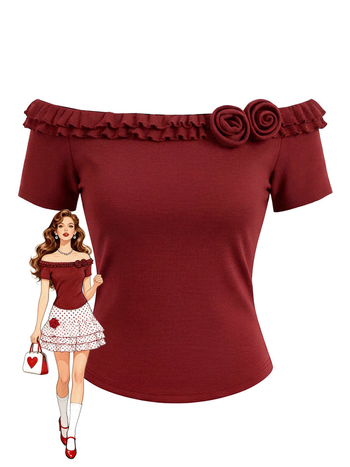 Red 1950s Off-Shoulder Double Layer Ruffled Rose Knit Top - vintage fashion, retro style, elegant red