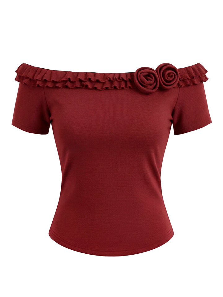 Red 1950s Off-Shoulder Double Layer Ruffled Rose Knit Top - vintage fashion, retro style, elegant red