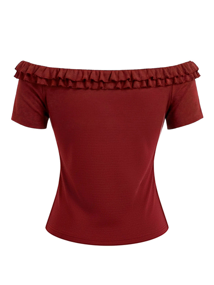 Red 1950s Off-Shoulder Double Layer Ruffled Rose Knit Top - vintage fashion, retro style, elegant red