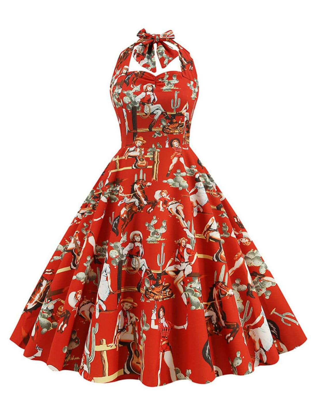 She slips into this 1950s Retro Pictorial Halter Swing Dress and suddenly it&