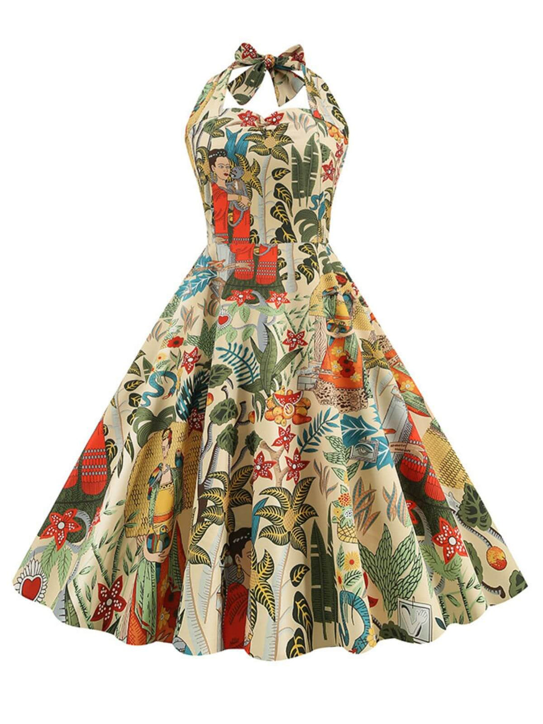 1950s Retro Pictorial Halter Swing Dress — the kind of 1950s dress that makes strangers smile