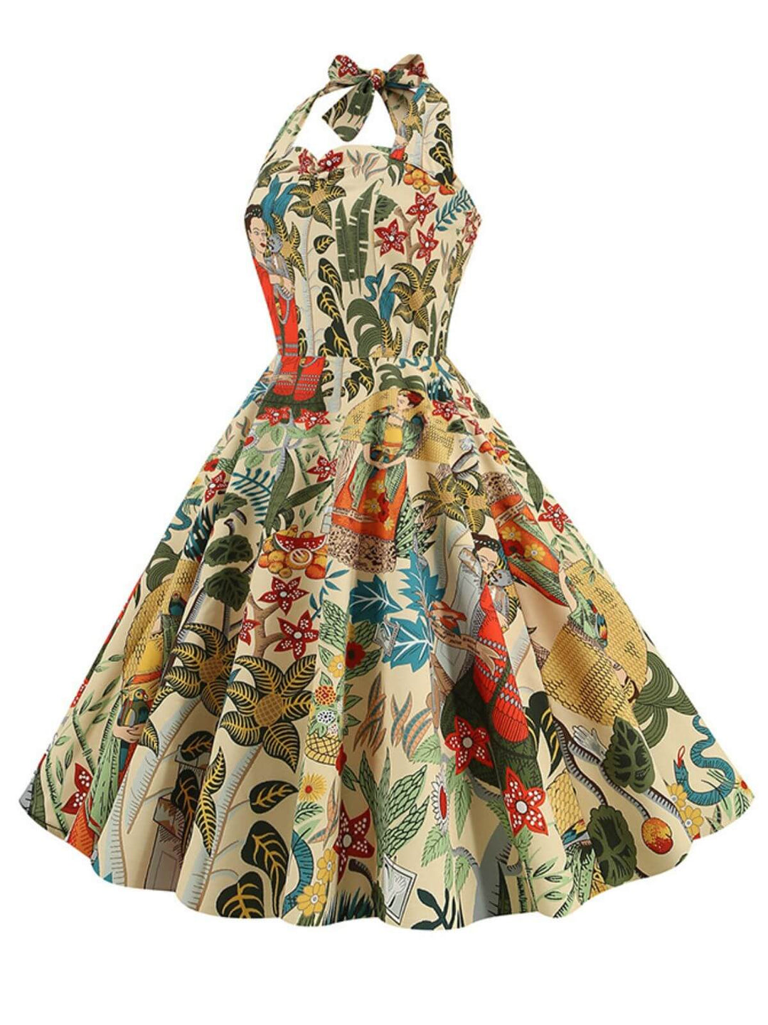She slips into this 1950s Retro Pictorial Halter Swing Dress and suddenly it&