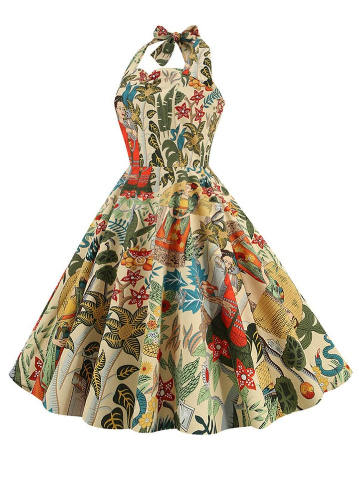 She slips into this 1950s Retro Pictorial Halter Swing Dress and suddenly it&
