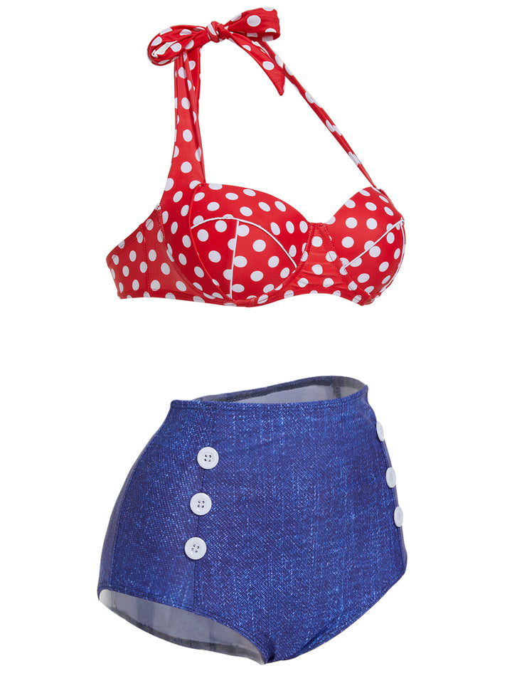Retro Polka Dot Halter Bikini Swimsuit: timeless style reimagined