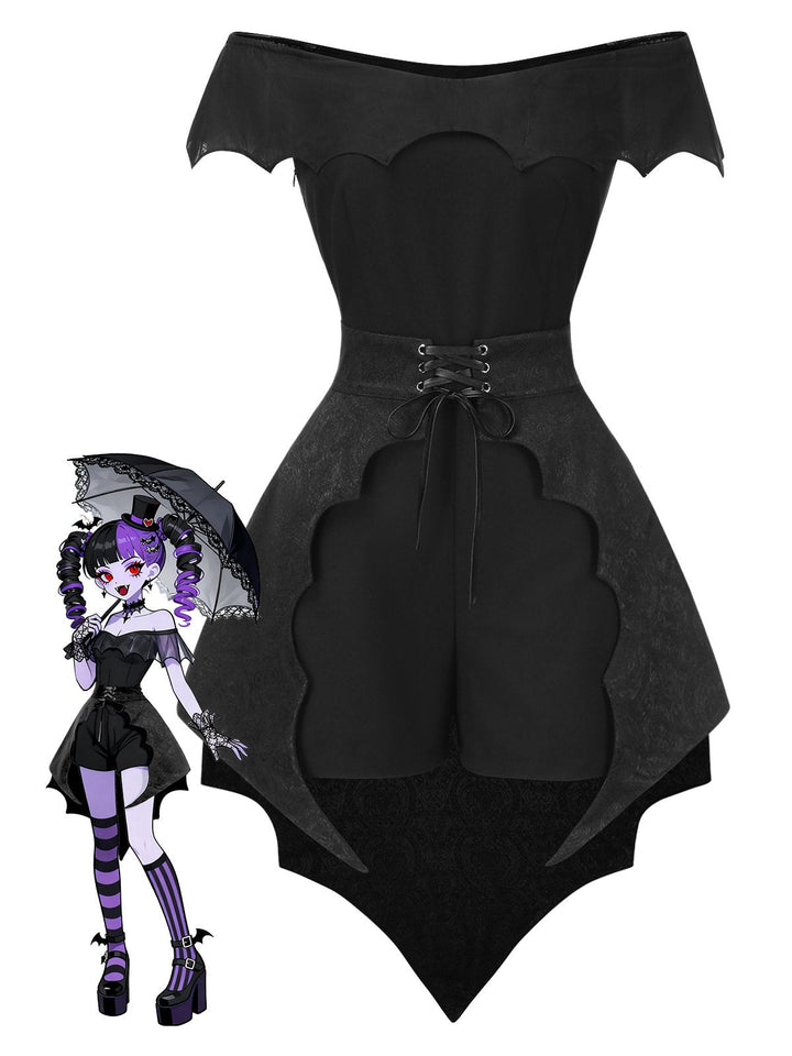 2PCS Black 1950s Gothic Bat Romper &amp; High-Low Cover-Up - vintage jumpsuit, retro fashion, classic black