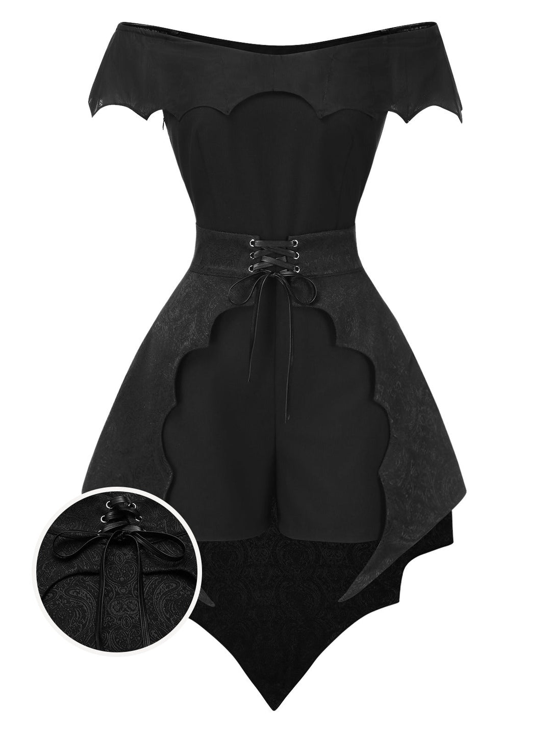 2PCS Black 1950s Gothic Bat Romper &amp; High-Low Cover-Up - vintage jumpsuit, retro fashion, classic black