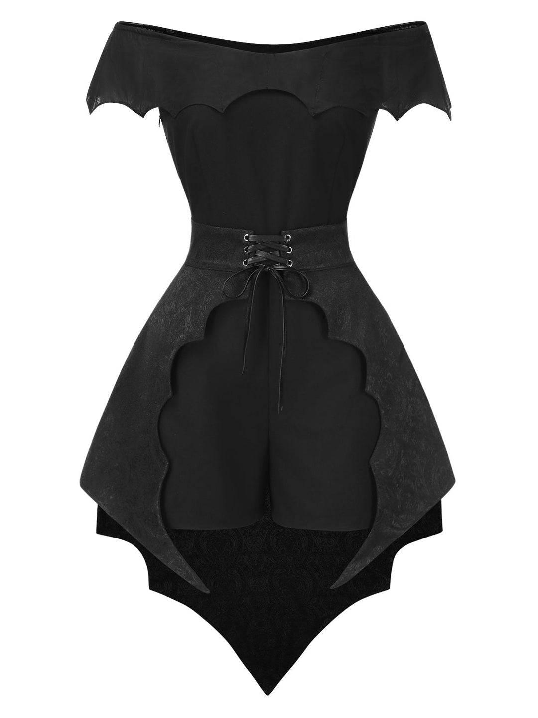 2PCS Black 1950s Gothic Bat Romper &amp; High-Low Cover-Up - vintage jumpsuit, retro fashion, classic black