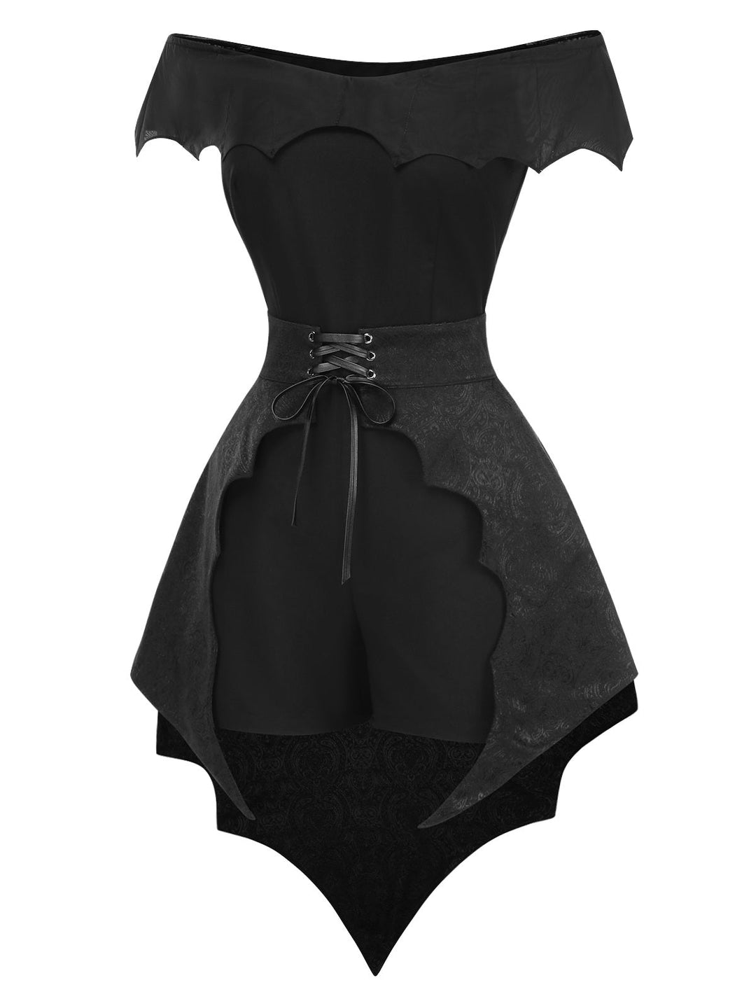 2PCS Black 1950s Gothic Bat Romper &amp; High-Low Cover-Up - vintage jumpsuit, retro fashion, classic black