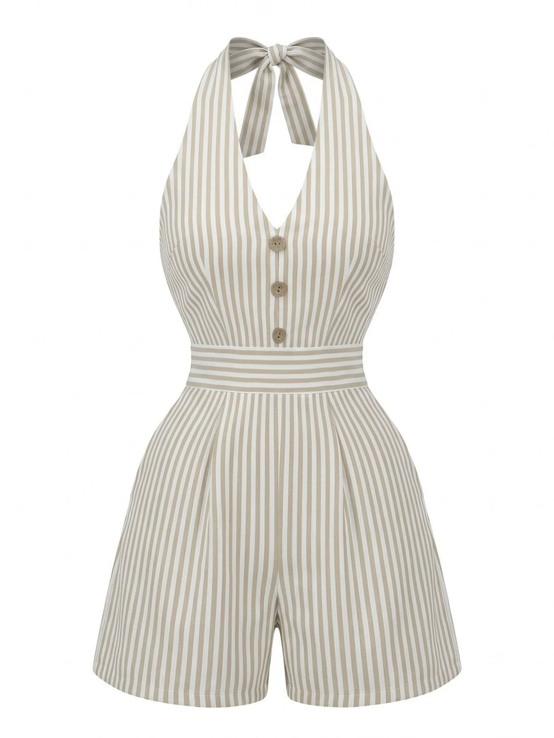 Beige 1950s Fitted Waist Halter Striped Vacation Romper - vintage jumpsuit, retro fashion