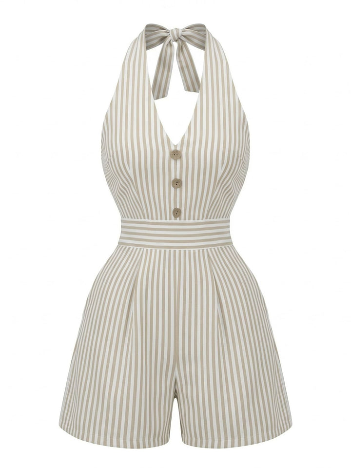 Beige 1950s Fitted Waist Halter Striped Vacation Romper - vintage jumpsuit, retro fashion