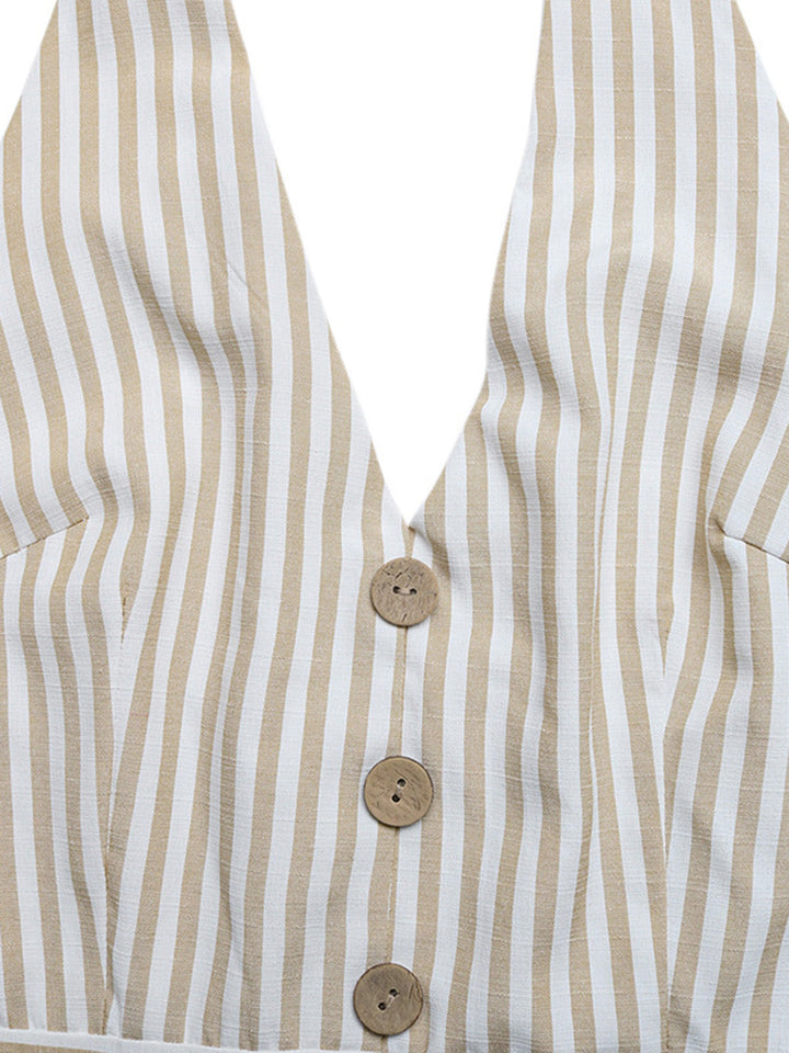 Beige 1950s Fitted Waist Halter Striped Vacation Romper - vintage jumpsuit, retro fashion