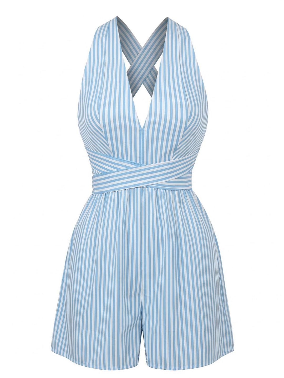 Blue 1950s Striped V-Neck Sleeveless Crisscross Belted Romper - vintage jumpsuit, retro fashion