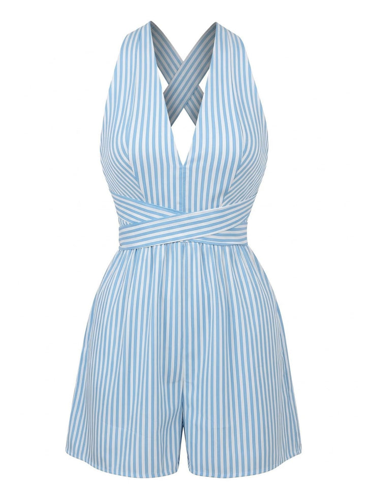 Blue 1950s Striped V-Neck Sleeveless Crisscross Belted Romper - vintage jumpsuit, retro fashion