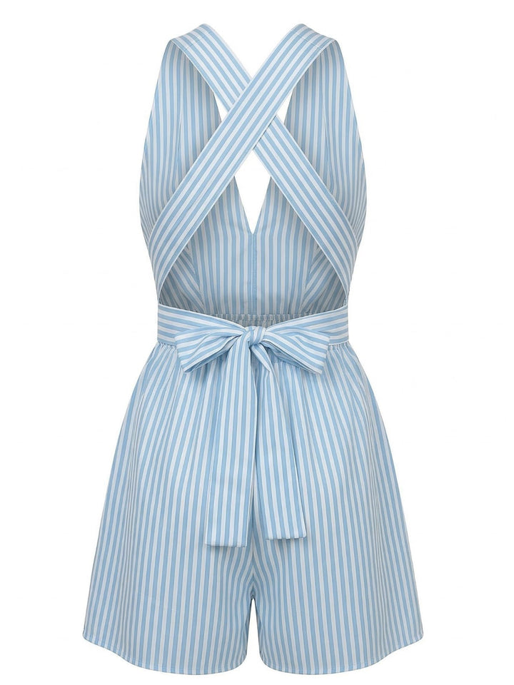 Blue 1950s Striped V-Neck Sleeveless Crisscross Belted Romper - vintage jumpsuit, retro fashion